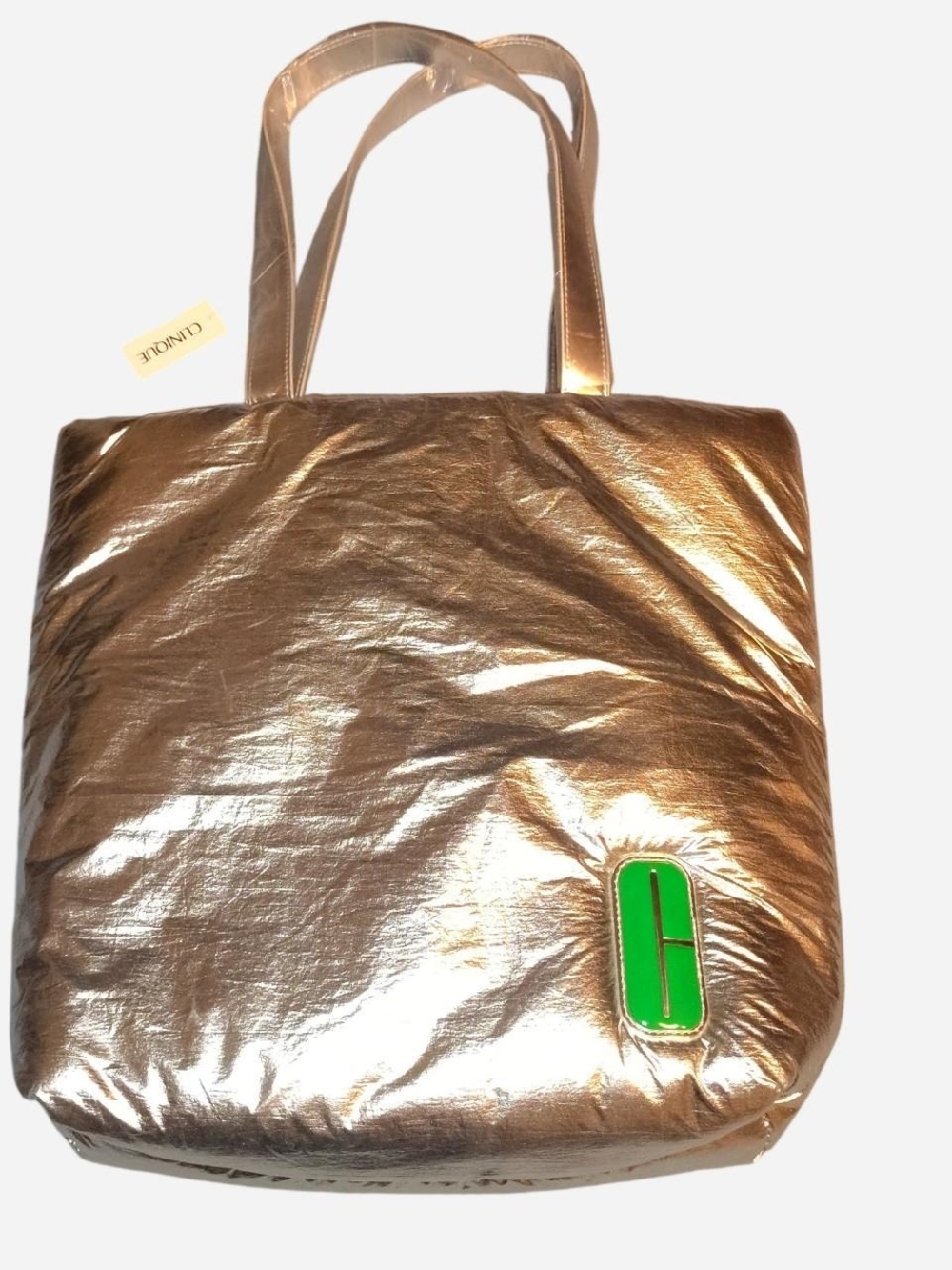 Clinique Metallic Gold Tote with Green Logo Detail